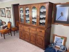 Kraus Furniture Amana walnut hutch with 4 glass doors on top, 5 drawers and 4 door base 22D x 66L x 73H NO CONTENTS, needs to  be a LATE PICK UP TIME!!