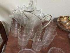 2 apple jars, glasses, early pattern glass cream & sugar, fan basket, pitcher and glasses set