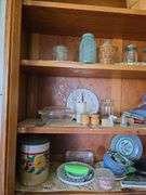 Flour sifter, misc dishes, green depression candle sticks, stoneware cookie jar and more