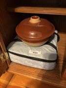 Glass baking dish with carrier and stoneware lidded dish