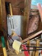 Pruning shears, metal plant holder, safety cone, wood pieces, boot jack, clothes hangers, etc
