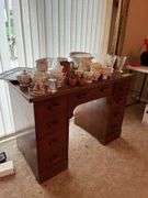 Small knee hole desk and assorted stemware, dishes etc...