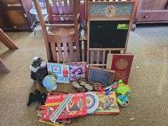 Kids chalk board, wood burning kit, games and toys