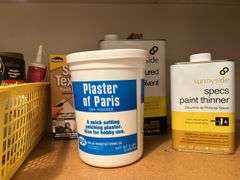 Shelf with painting supplies and other household items