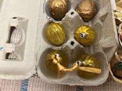 English walnut tree decorations, 4 west Germany nut ornaments, paper lanterns