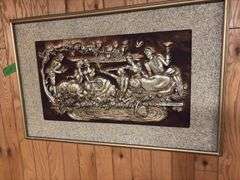 Gold tone retro relief picture 41 x 27 genuine plastic "The Picnic"