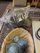 15+ boxes and totes of mostly fabric, denim, rug making items, knitting and sewing related - CRAFTY CORNER