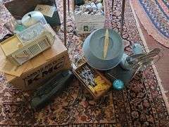 Vintage hair dryers, curlers, clock radio, boombox, fan, NIB KMC 12” portable black & white TV, etc