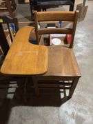 Tab arm school desk and two chairs
