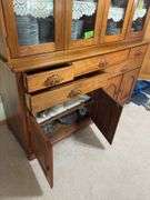 Kraus Furniture Amana walnut hutch with 4 glass doors on top, 5 drawers and 4 door base 22D x 66L x 73H NO CONTENTS, needs to  be a LATE PICK UP TIME!!