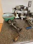 3 Pyrex bowls, 3 meat grinders and 2 rotary cutters