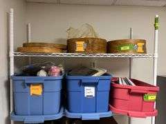 Tote of wood craft items, embroidery kits and string and a box of paper, tins and misc
