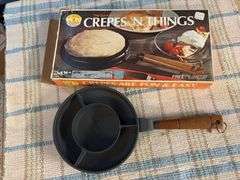Aluminum griddle and Griswold Patty Molds, box in bad shape