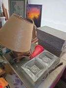 Grab bag lot includes lamps, papers, canister, iron, shoe stretchers, etc