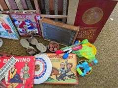 Kids chalk board, wood burning kit, games and toys