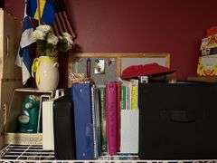 2 white metal shelf units, oak bookcase and LOTS AND LOTS of education materials BRING YOUR BOXES