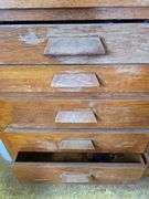 2pc oak cupboard with glass door top and 10 drawer base 26D x 56L x 90H Bring tools to take apart!