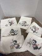 Set of 6 cross stitched cotton towels w/ cats