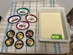 Little tin trays, car tip trays, Coca Cola tin coasters, Tupperware container