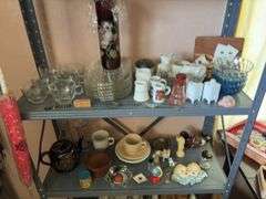 Contents of metal shelf and two other shelves-snack sets, cookie jar, S&P’s, vases, books, record albums, etc
