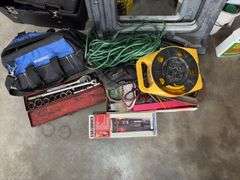 Socket set, pr folding sawhorses, drop cord, tool bag and more