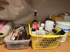 Shelf with painting supplies and other household items