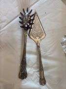 American Fostoria square cake stand, weighted sterling candlesticks, cake server and spaghetti spoon