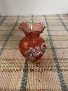 Opalscent whimsy bowl, slag glass vase and Mary Gregory vase