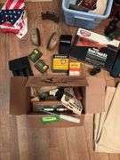 Tanned deer hide, stock refinishing set, variety of gun/hunting type items