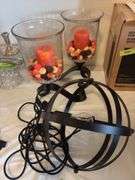 Sphere hanging light and 2 decorator metal and glass candle holders