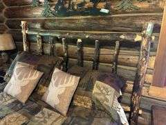 QUEEN sized knotty pine bed frame with mattress box spring and linens