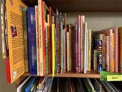 2 shelves of mostly kids books and young readers books