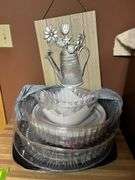 Rolling microwave cart, baking pans and party trays, cutlery