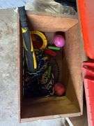 Pruning shears, metal plant holder, safety cone, wood pieces, boot jack, clothes hangers, etc