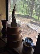 Decor in window - stained glass, trinket boxes, vase