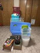 Storage containers of all types, shelving, crates, tables