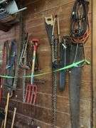 Saws of all kinds, spading fork, power cords, ax, scythe, etc