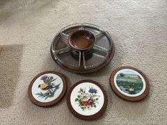 Amana walnut glass tray lazy susan and 3 ceramic Amana walnut trivets