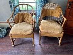 Two heavy wrap around chairs with wood slat seats and spindle back, see photos for condition