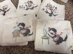 Set of 6 cross stitched cotton towels w/ cats