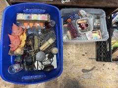 Bookshelf and craft items includes figurines to paint, large box of candles, lots of beads, terra-cotta pots
