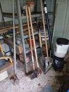 More yard and garden tools-shovels, rakes, frog giggers, fish spear, NOT shelf unit
