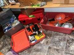 Work light, drop cords, B&D drill and drill bits, empty tool box and more