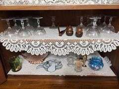 Mary Gregory painted blue vase, stemware, candle holders, pink bowl, 1907 souviner cup and more
