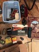 Tanned deer hide, stock refinishing set, variety of gun/hunting type items