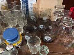 NFL glasses, thermoses, IA Hawkeyes frosted glasses, measuring spoons, clear glass, etc