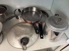 Canteen, coffee pot, lunch pails, small stainless steel bowls, etc