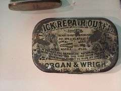 Old Timer pocket knife, tire repair kit tin and brass angel candle holders
