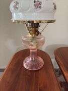 Aladdin kerosene lamp with pink Lincoln drape font, #23 burner, shade and correct chimney