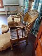 Two heavy wrap around chairs with wood slat seats and spindle back, see photos for condition